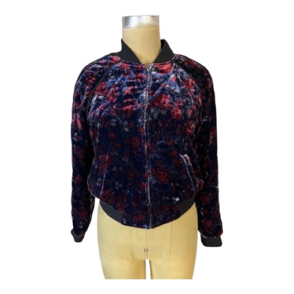Joie Floral Mace quilted Velvet zip up blue red and gray Bomber Jacket